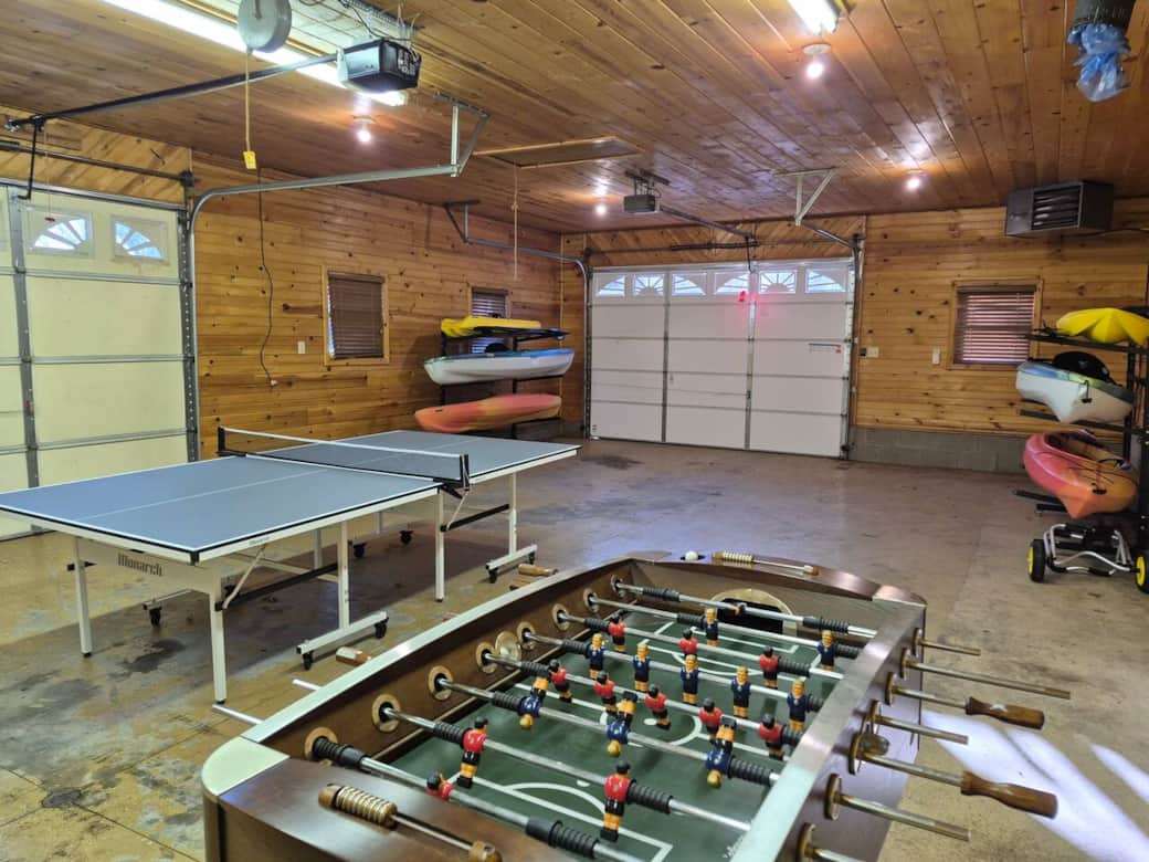 We keep games (and kayaks) in the outdoor garage.