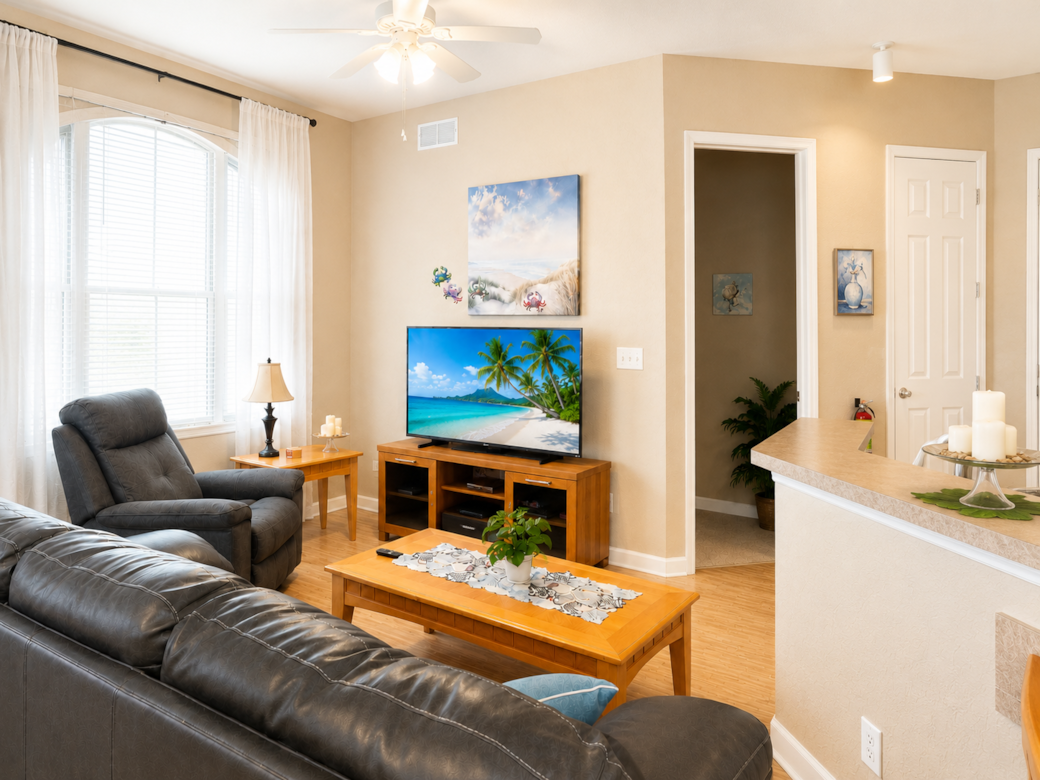 Living room with new 58" TV and Xumo streaming box with lots of included apps!