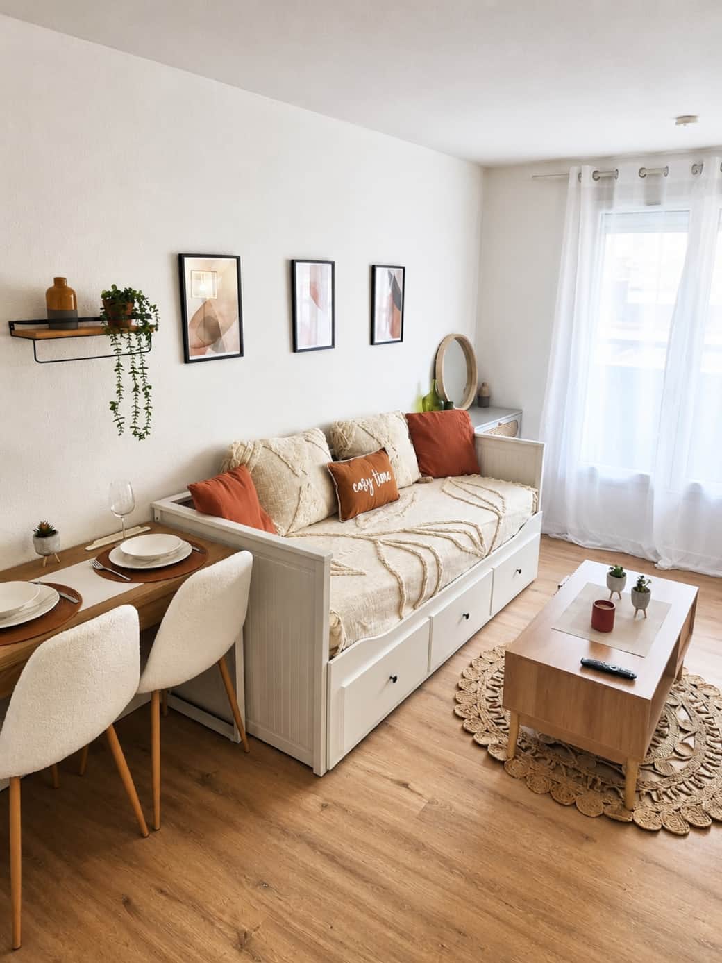 Salon chaleureux avec canapé, décoration élégante et balcon joliment aménagé.