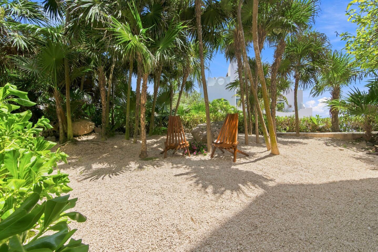 Escápese a su jardín tropical privado, donde dos camastros de madera le invitan a relajarse bajo las palmeras. Descanse con las tranquilas vistas del Mar Caribe, la refrescante brisa marina y los relajantes sonidos de la naturaleza.