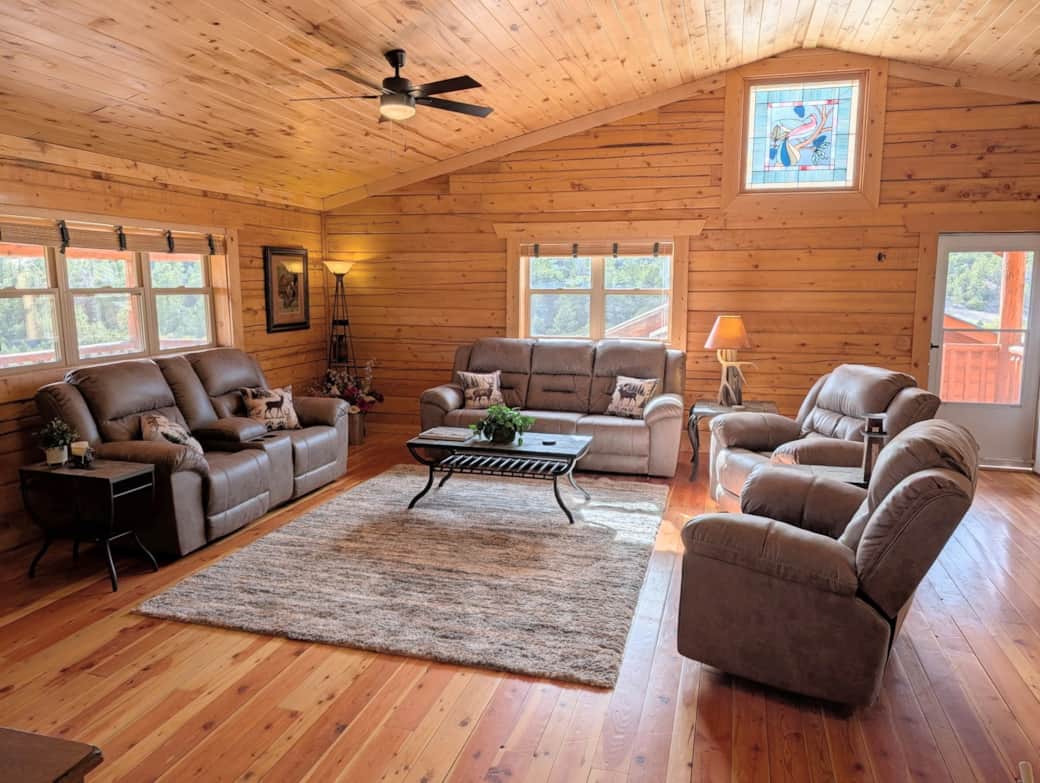 Cozy living room with vaulted ceilings and plenty of natural light