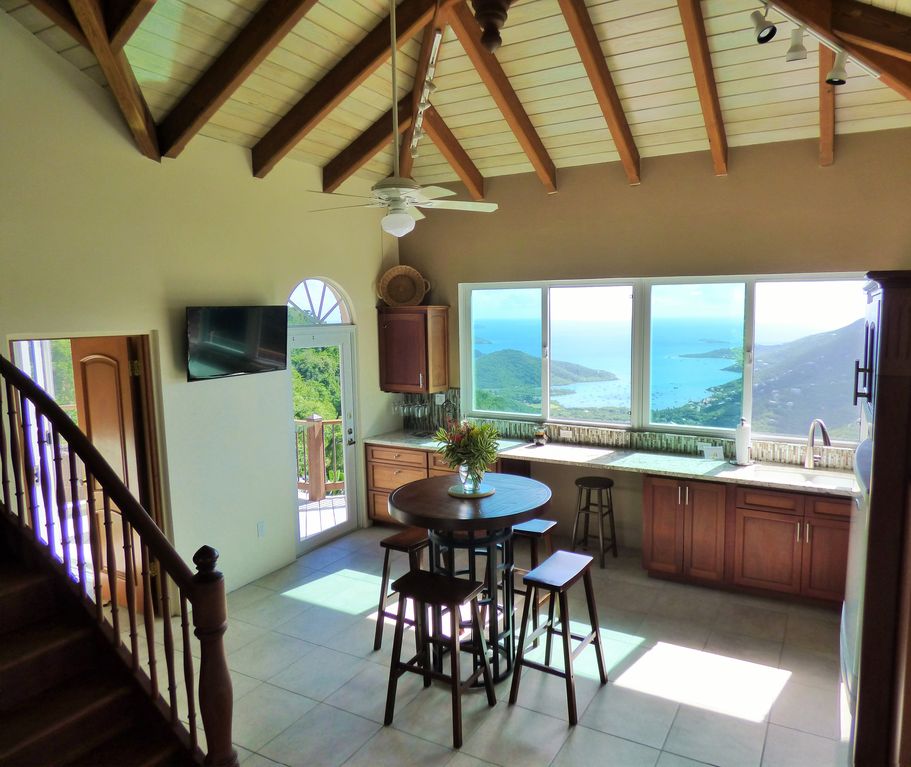 Fully equipped kitchen with views of Coral Bay and Norman Island