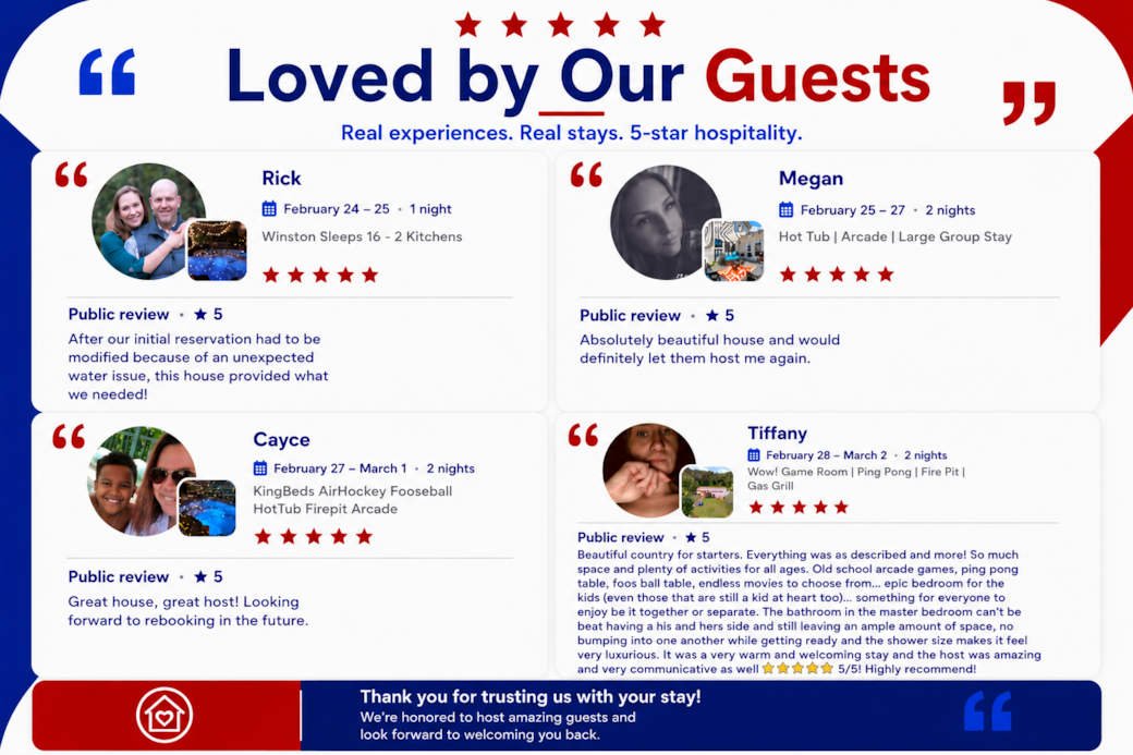 5-star stays, thoughtful hosting, and guests who leave feeling right at home. 5-star stays, thoughtful hosting, and guests who leave feeling right at home.