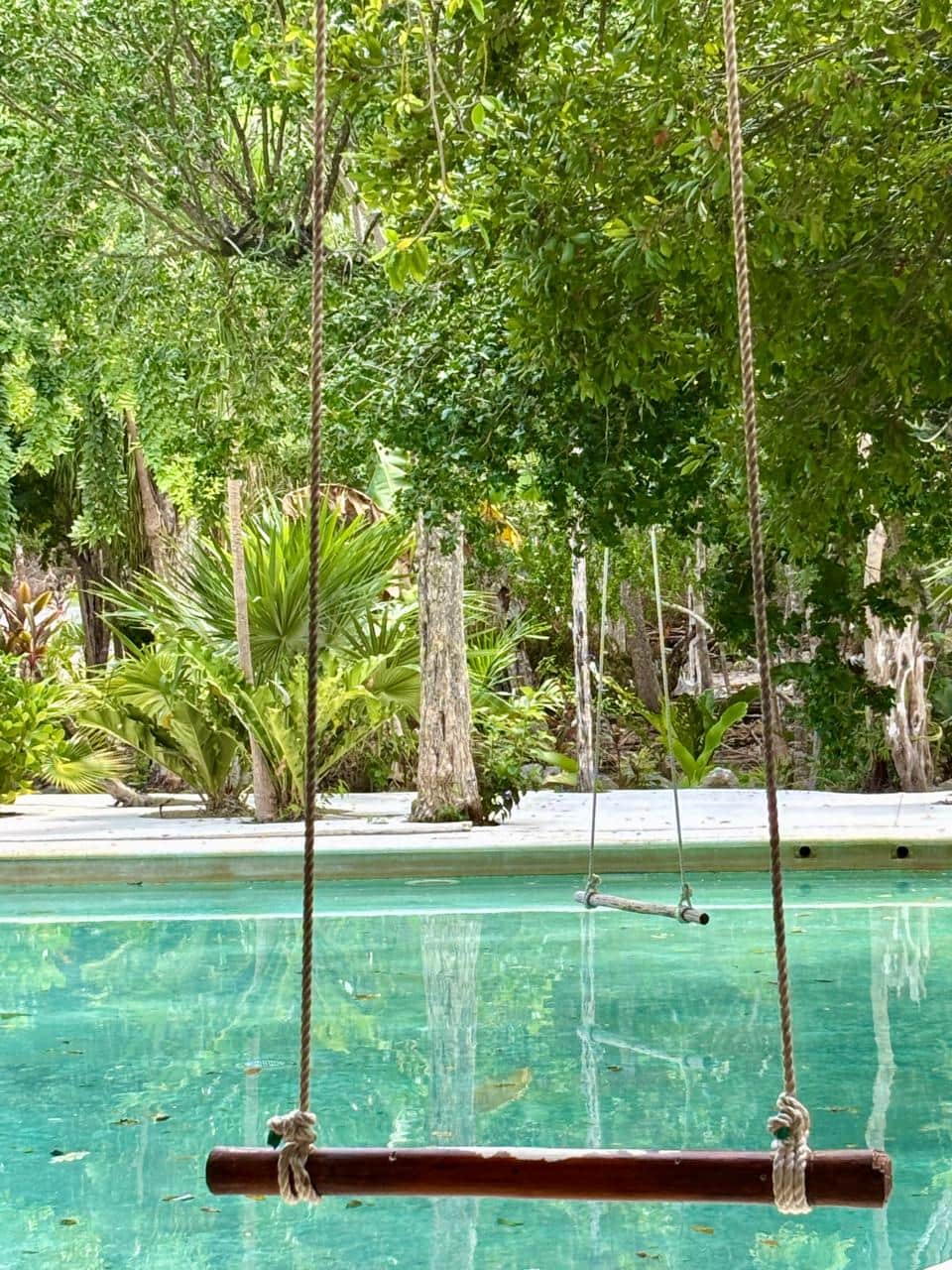 Common area with pools, lounge chairs, palapas, balconies and garden