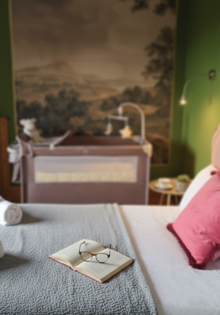 Garden-themed green room: Tall bed, window seat, antique dresser. Space for your dog/travel cot.