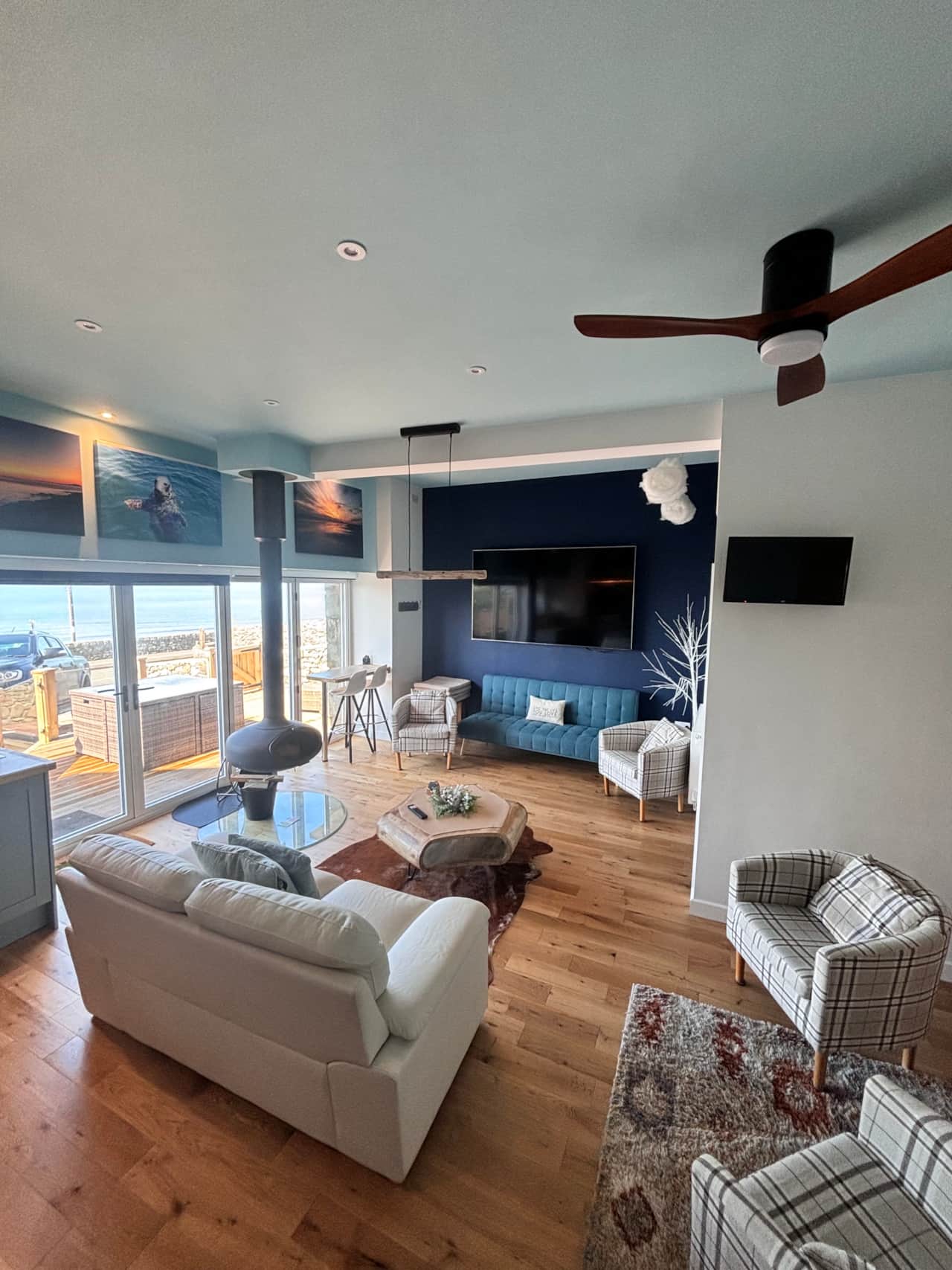 Open plan living room with panoramic sea views in luxury North Wales holiday apartment