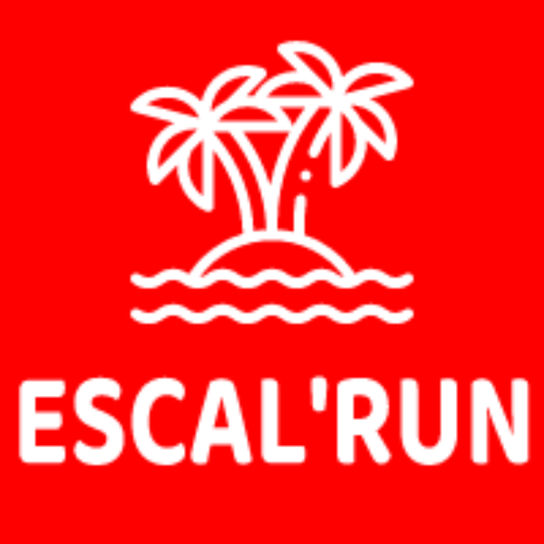 escalrun ecrit en blanc dans un cadre rouge avec palmier blanc