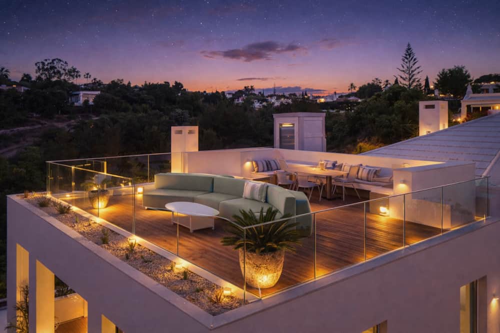 Rooftop of Villa Medusa Paraiso lit up at night