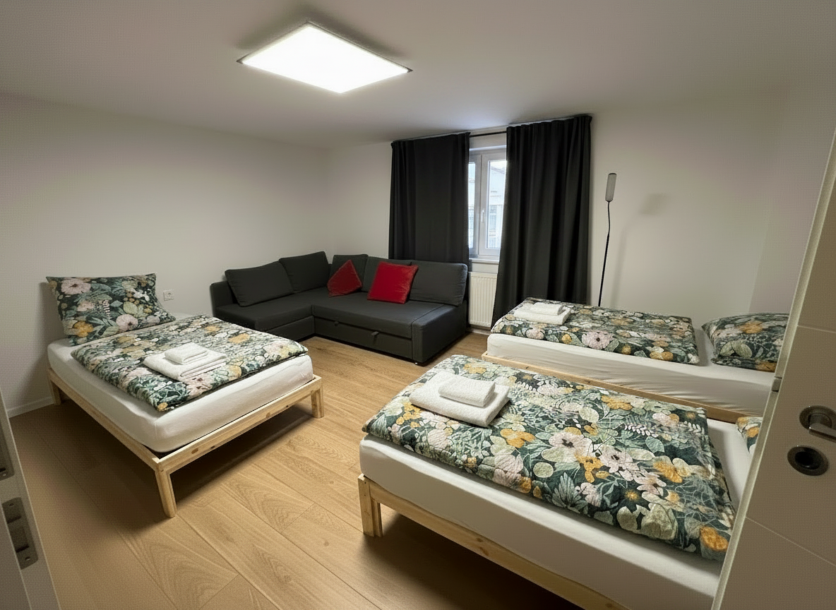 Schlafzimmer mit drei Einzelbetten und Couch