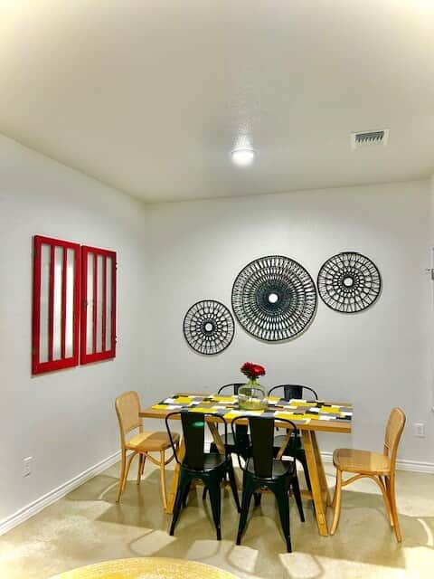 Dining table easily seats six. 