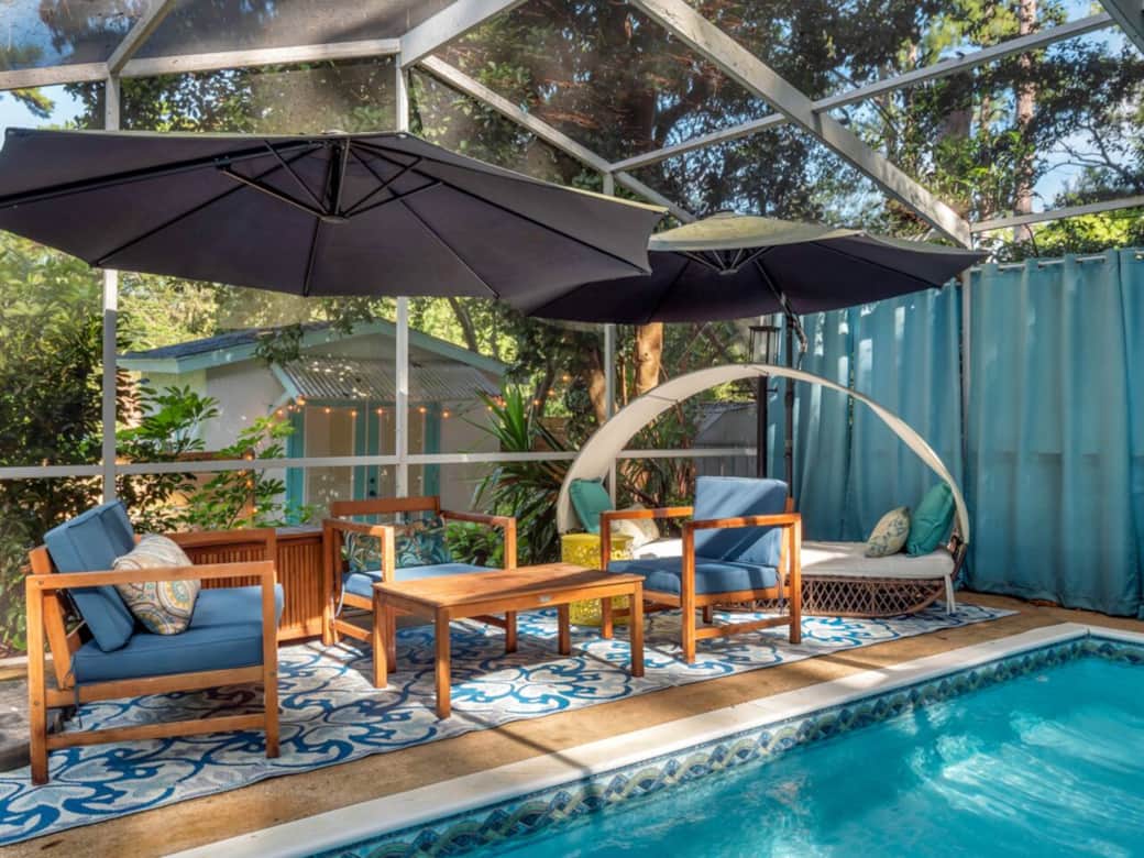 Enjoy poolside lounging in beautiful provided outdoor pieces. Enjoy poolside lounging in beautiful provided outdoor pieces.
