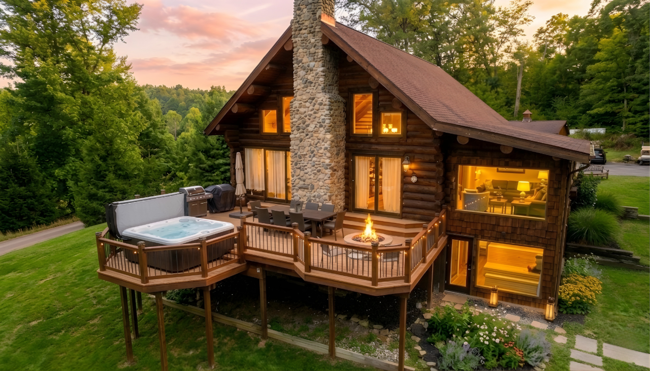 Lodge Cabin Wellness with Lake View Firepit and Hot Tub Patio
