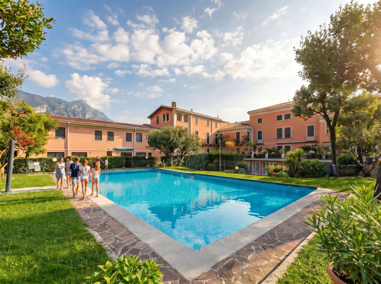 Der Blick auf das Schwimmbad im Innenhof des Palastes