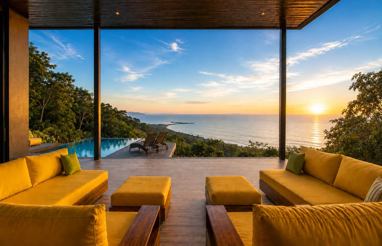 Pacific sunset views from the open-air living room at Hermosa Retreat 2