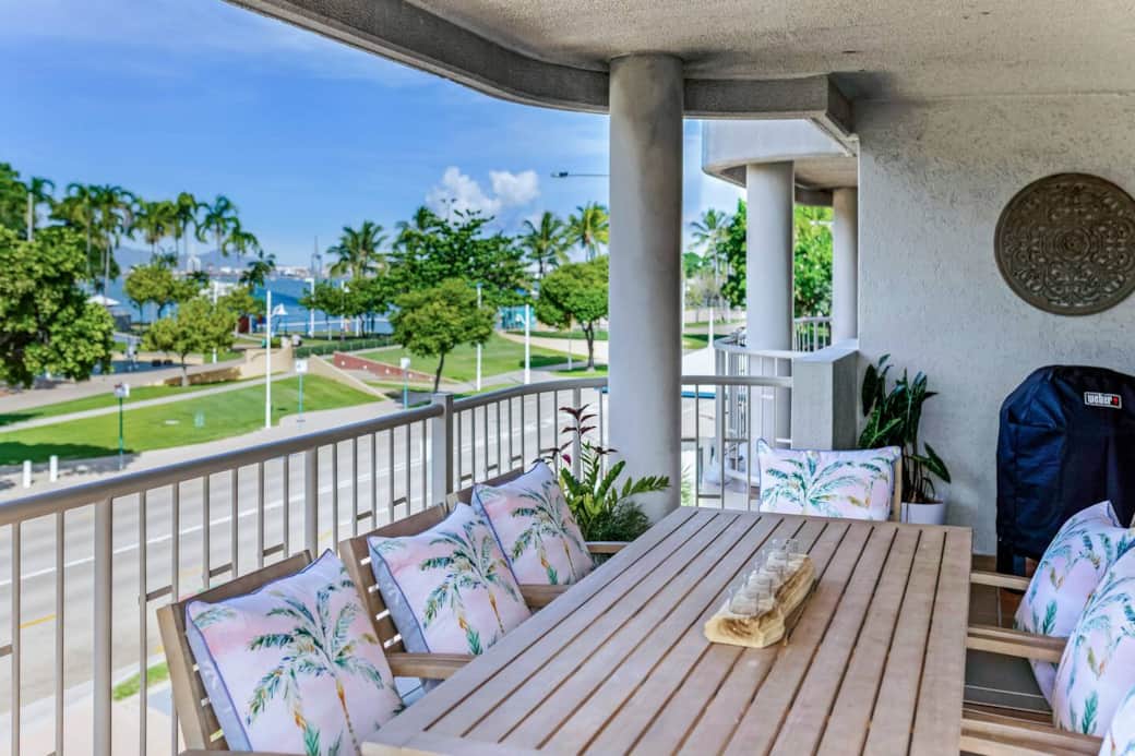 The balcony features outdoor dining for 8 people and electric weber BBQ. The balcony features outdoor dining for 8 people and electric weber BBQ.
