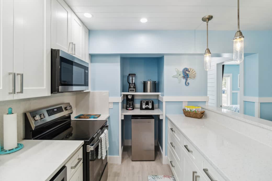 Kitchen Fully Stocked, extras include blender, toaster, lobster pot, coffee maker, beverage fridge