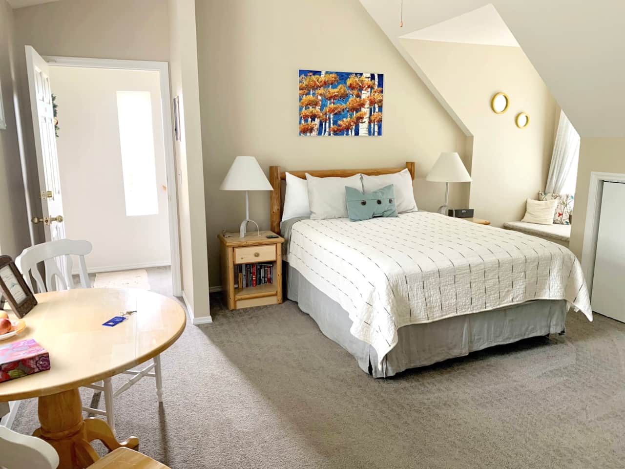 Queen suite on the second floor with privacy, views, warmth, and private bathroom.