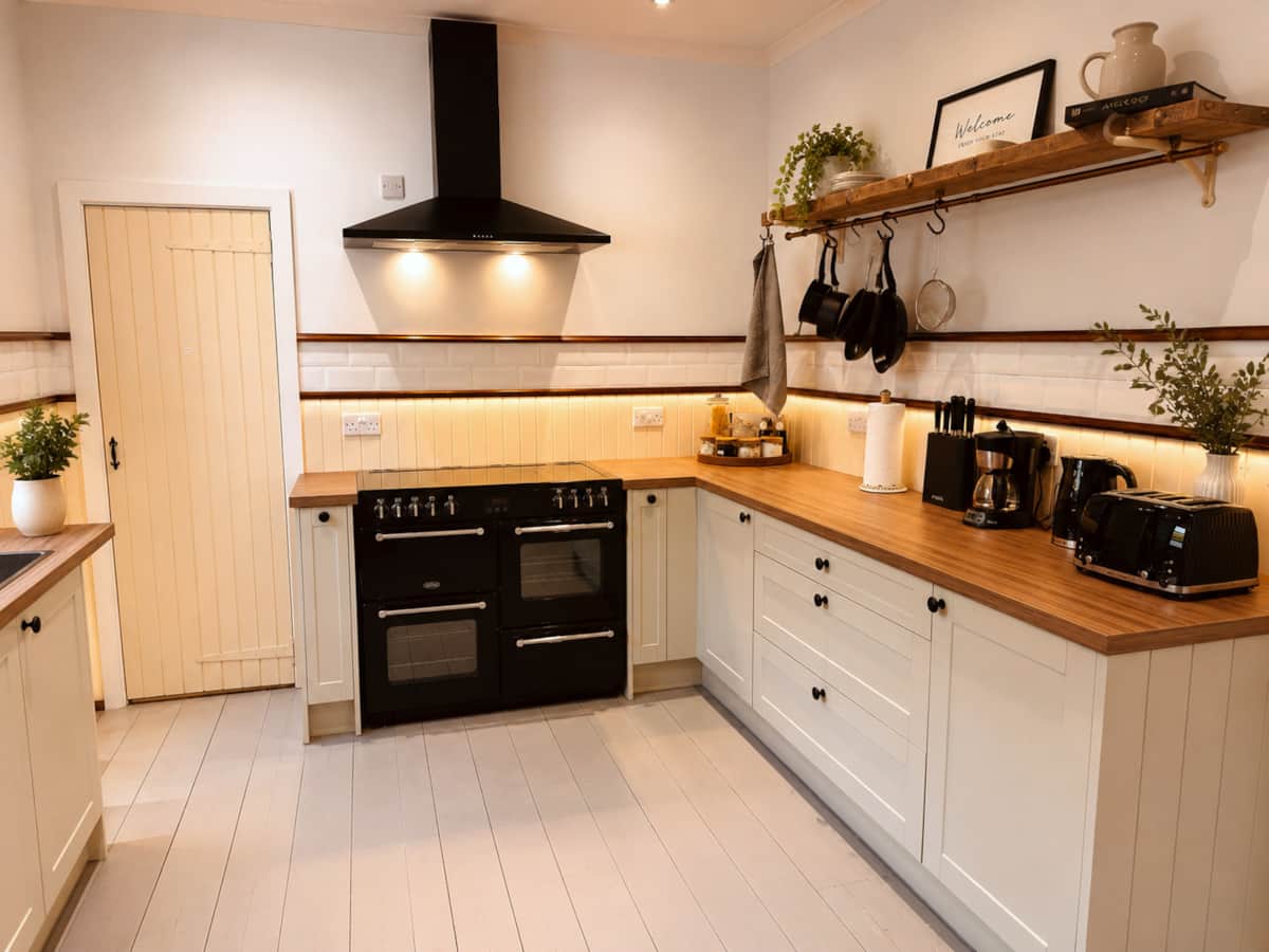Shaker-style kitchen with a range cooker, wooden worktops and open shelving.