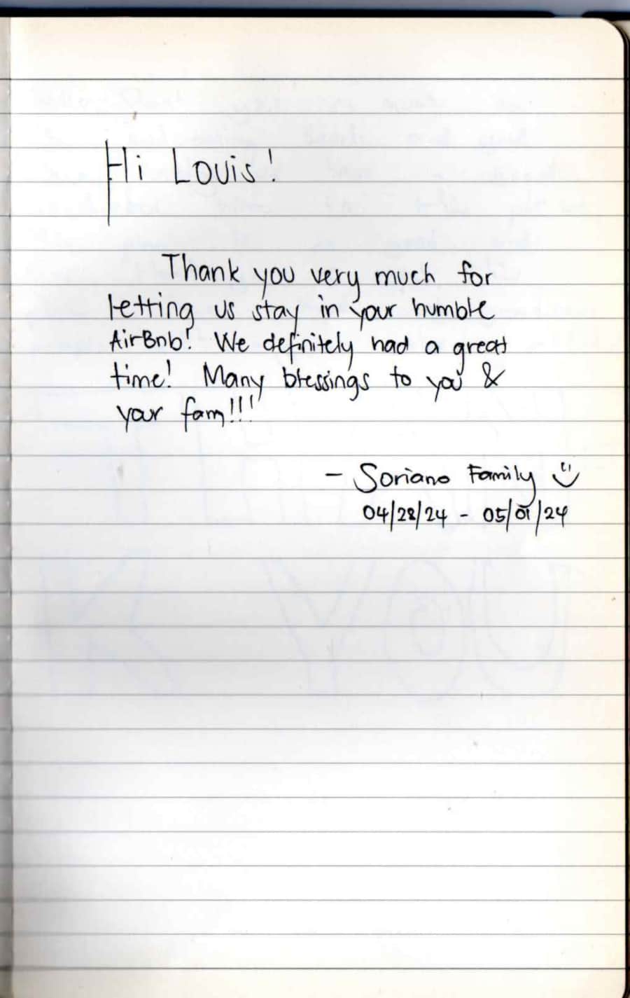 Handwritten guest note from Raya P09 guest book