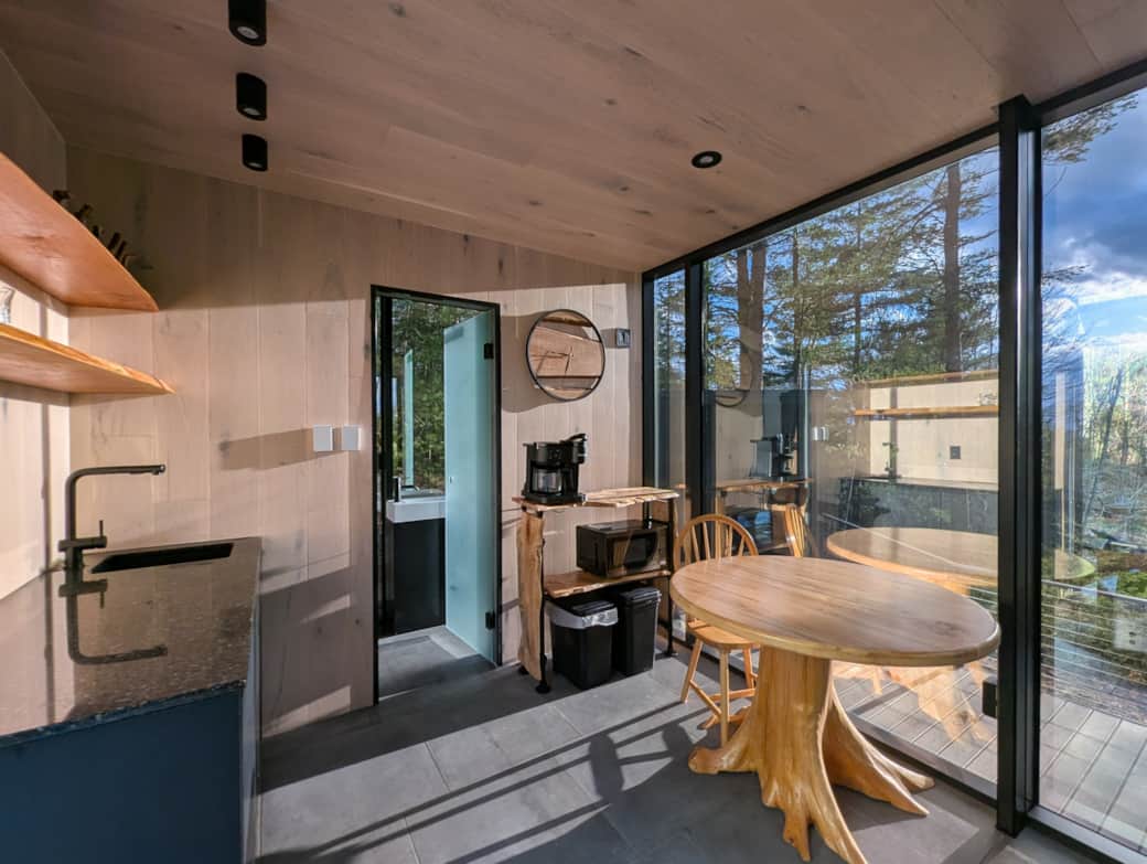 Kitchenette and coffee bar area in afternoon sun