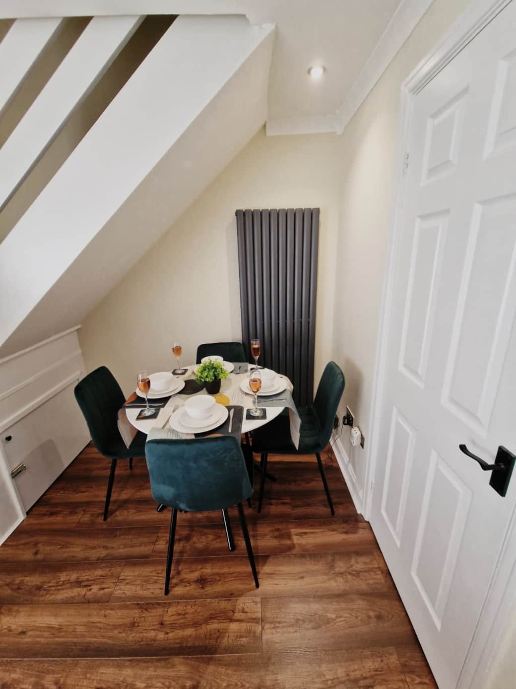 Bright dining space for meals and work.