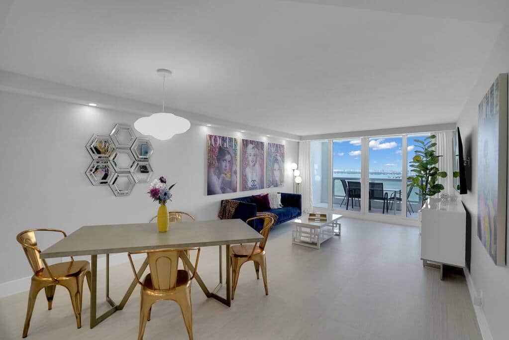 Dining area, living area with Roku tv, balcony access