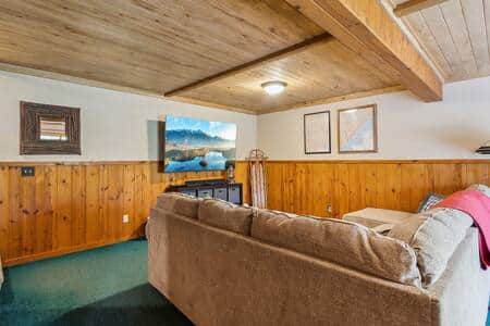 Lower level entertainment space with 70'' smart TV.