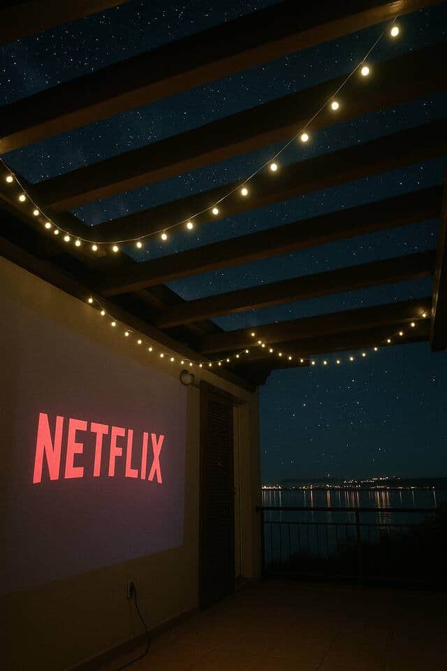 Rooftop cinema under the stars with sea view of Split night lights