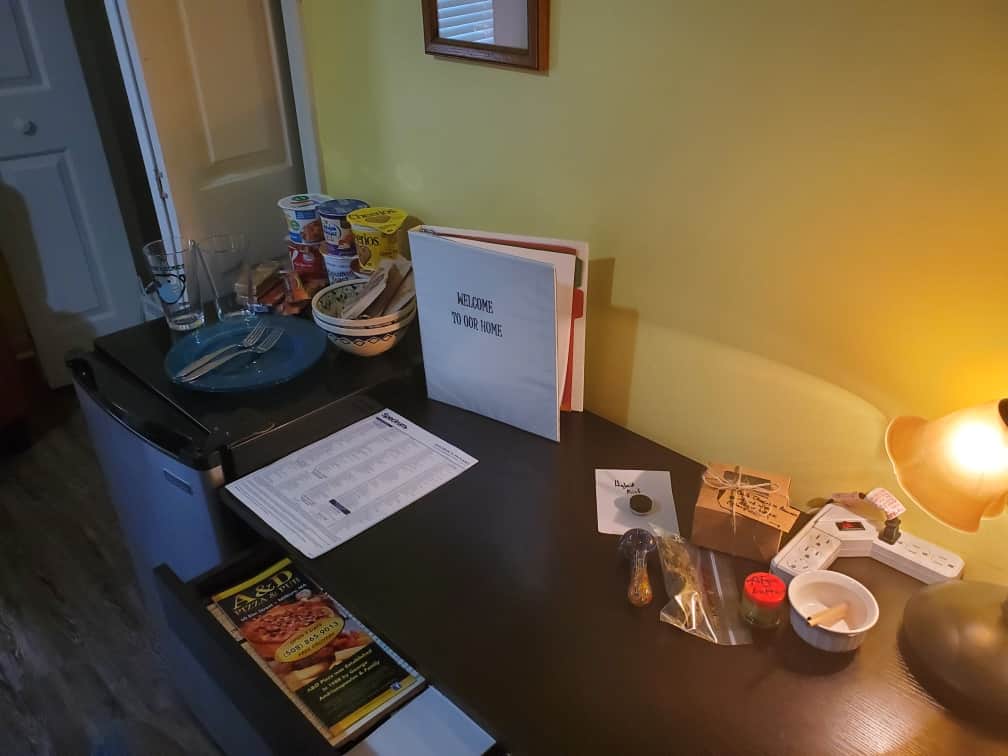 Desk, fridge in private room