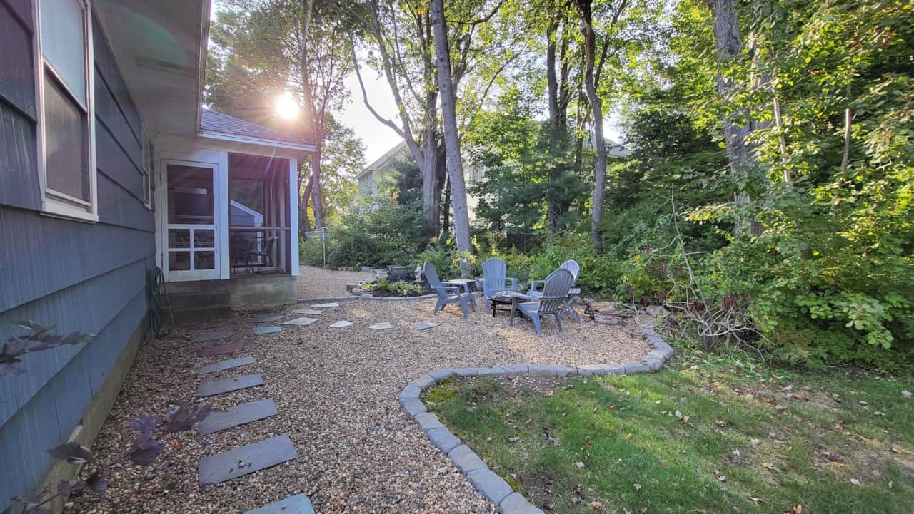 Stone seating area with fire pit