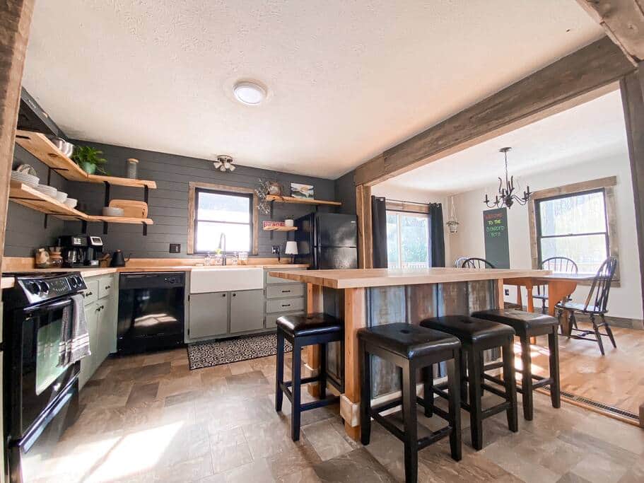Newly renovated kitchen with a rustic mountain feel.
