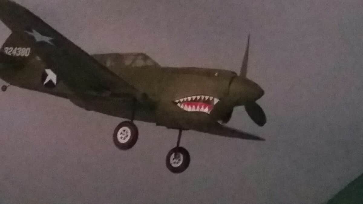 One of the airplanes hanging from the ceiling