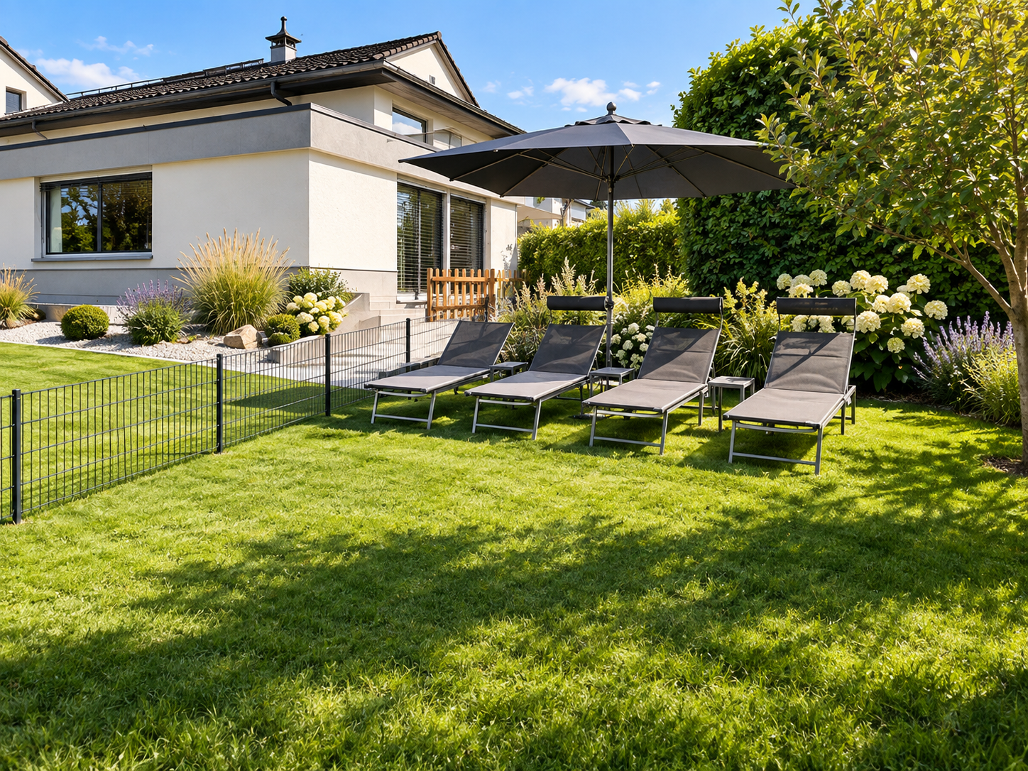 Poolbereich der suite4you mit Gartenbereich für Gäste mit Hund
