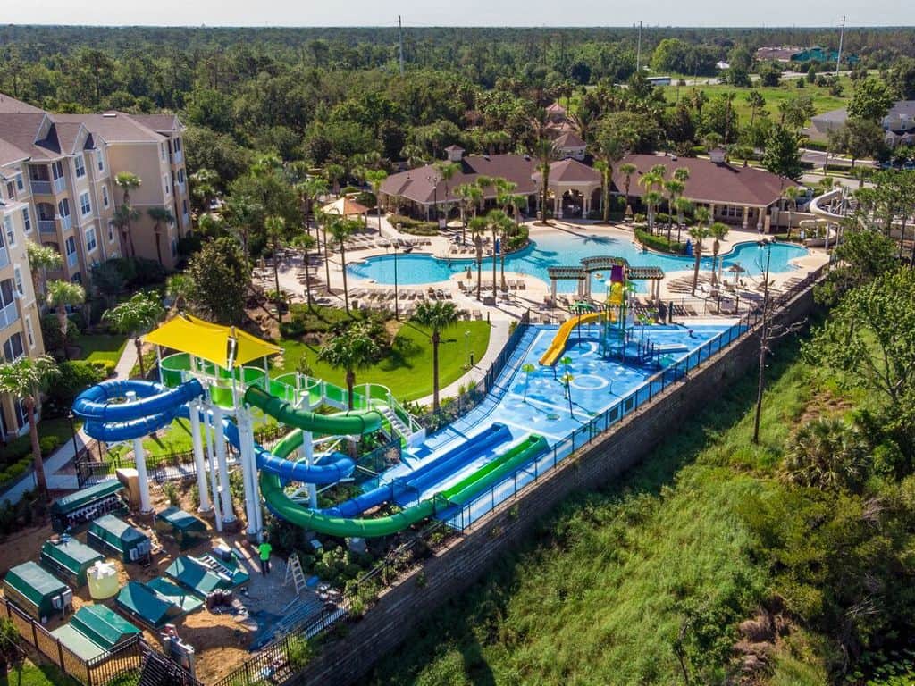 An aerial view of the community pool and water park