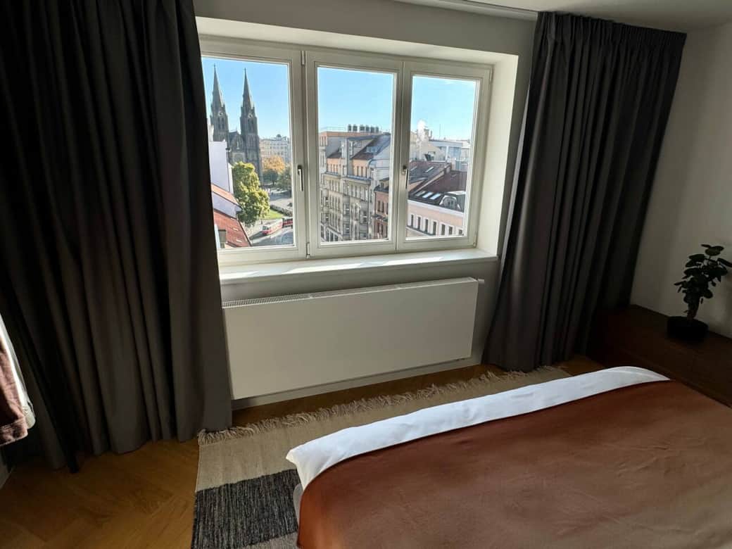Bedroom with view of St. Ludmila Church