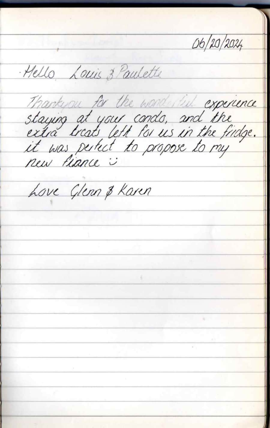 Handwritten guest note from Raya P09 guest book