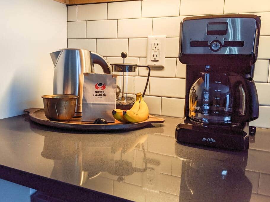Coffee maker, french press, and electric kettle. 