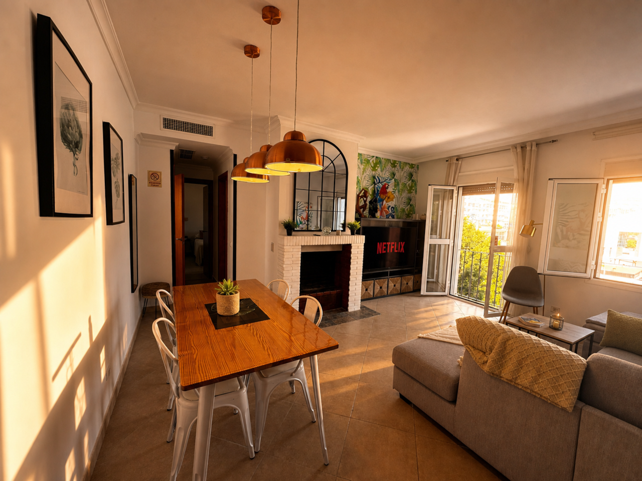 Bright Living Dining Area With Fireplace