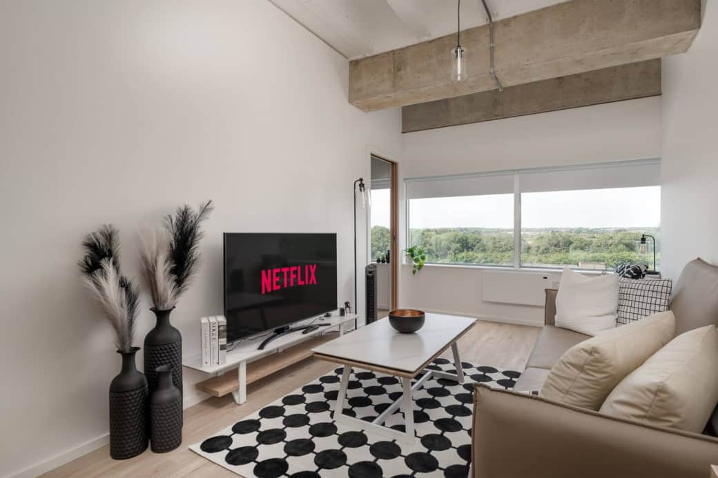 Living room with a sofa bed and a Smart 55 inch TV Living room with a sofa bed and a Smart 55 inch TV