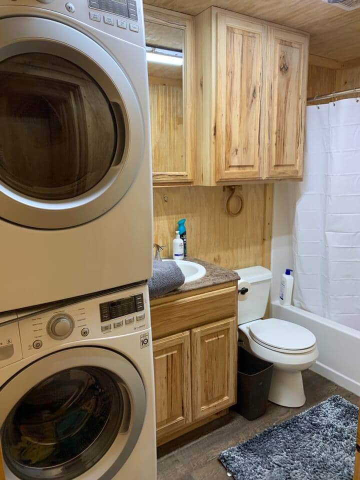 Washer and dryer in the cabin located conveniently in the bathroom.