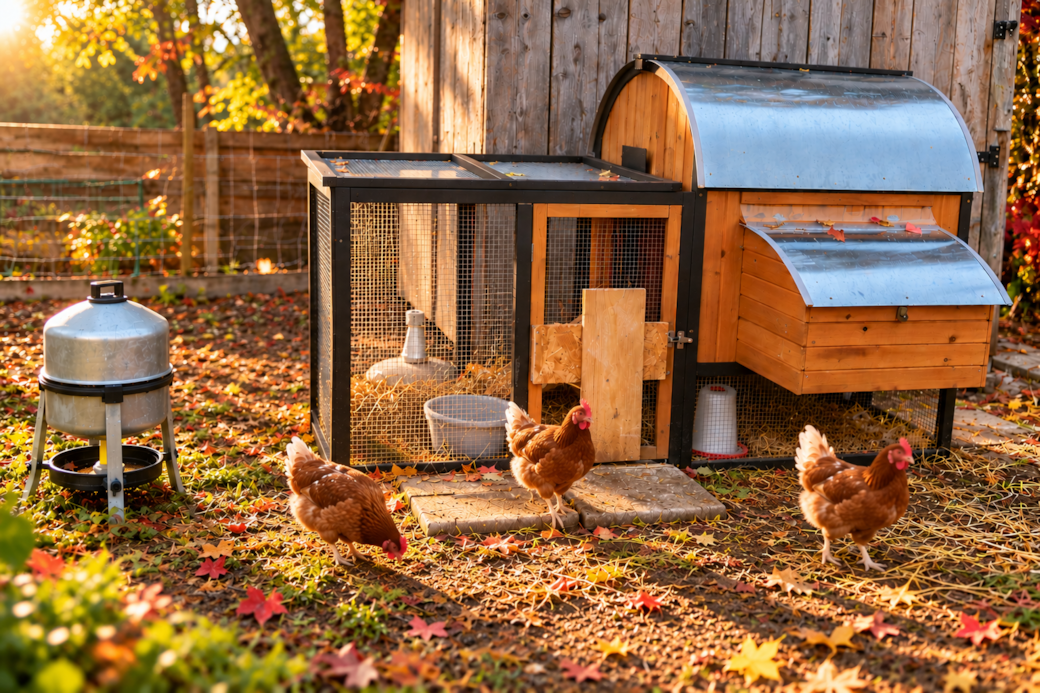 Poules dans leur espace extérieur, devant le poulailler en bois du Domaine EnergyZen à Bischoffsheim en Alsace.