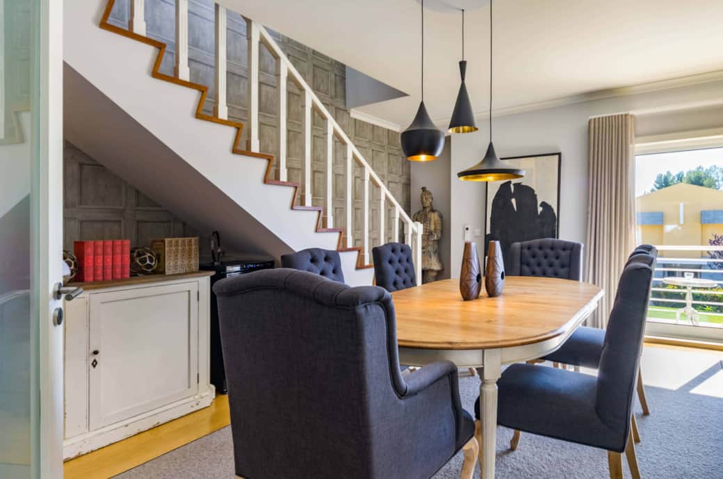 Modern dining space for 8, located next to the kitchen and staircase to rooftop, coffee station Modern dining space for 8, located next to the kitchen and staircase to rooftop, coffee station