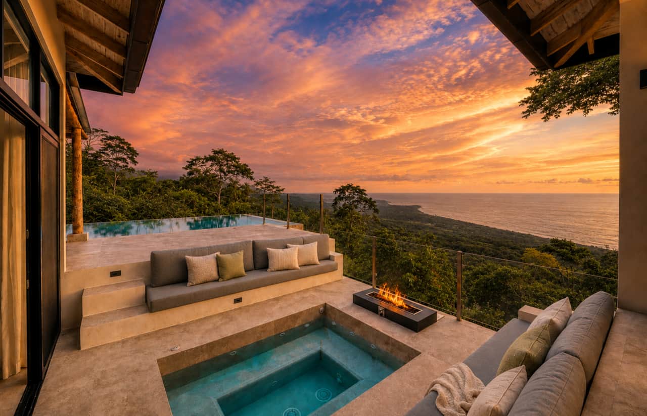 Infinity pool, spa and fire lounge overlooking the Pacific sunset at Casa Hecate