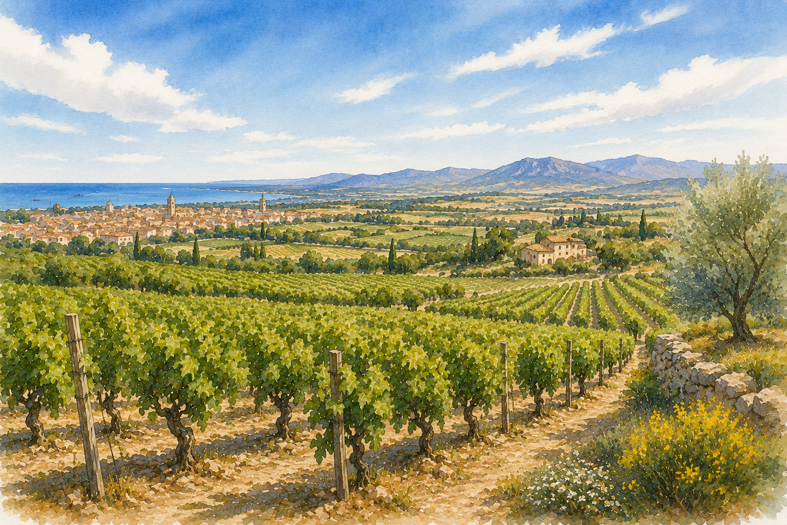 Watercolor vineyards of DO Tarragona beneath a blue Mediterranean sky
