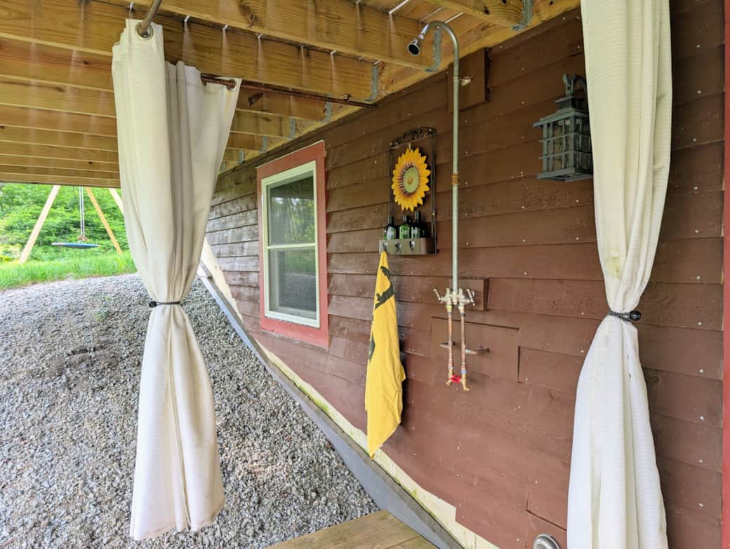 The outdoor shower equipped with biodegradable soap, shampoo and conditioner. The outdoor shower equipped with biodegradable soap, shampoo and conditioner.