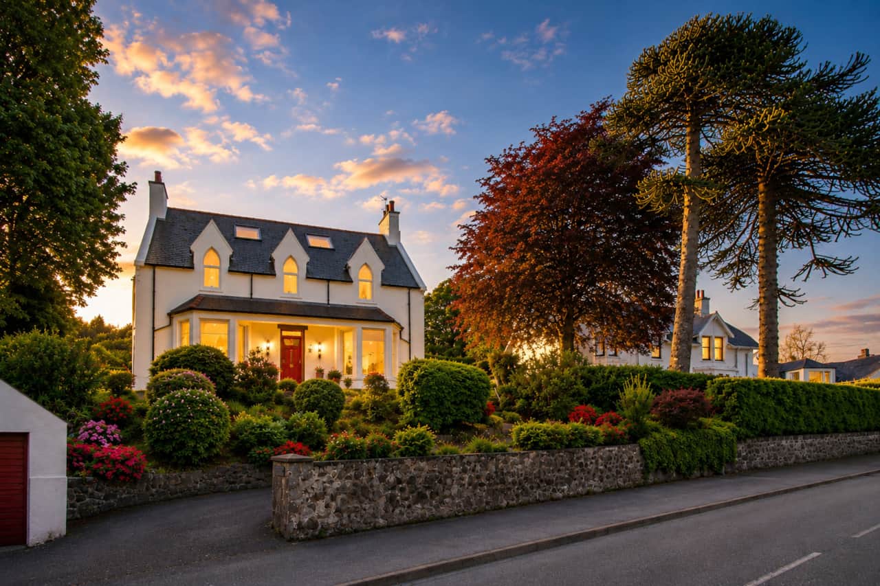 The 1889 Victorian house at dusk above its front garden, Staffin Road, Portree.