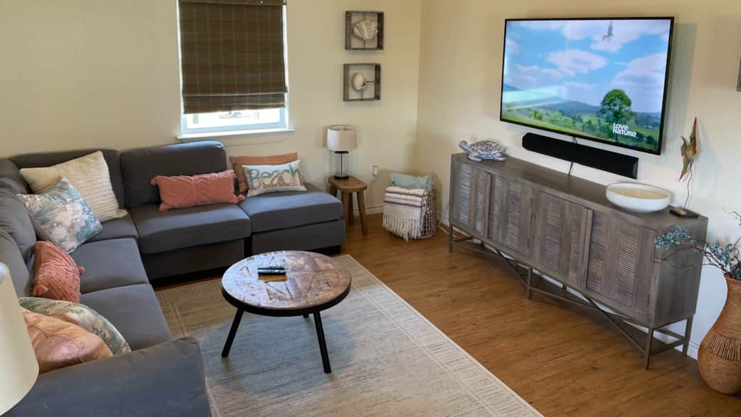 Sunshine Daydream Living Room with TV on Surfside Beach Texas