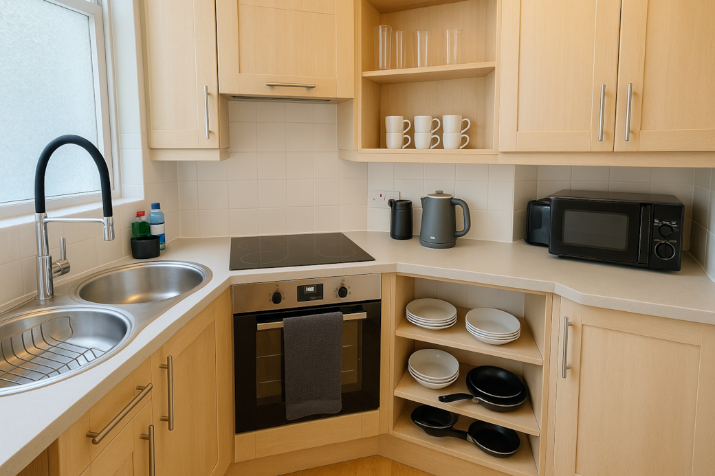 Bright, functional kitchen with a sleek, minimalist design. Light wood cabinetry, a built-in oven, electric cooktop, fridge with freezer compartment, washing machine and organized open shelving create a warm, practical space for cooking and dining.