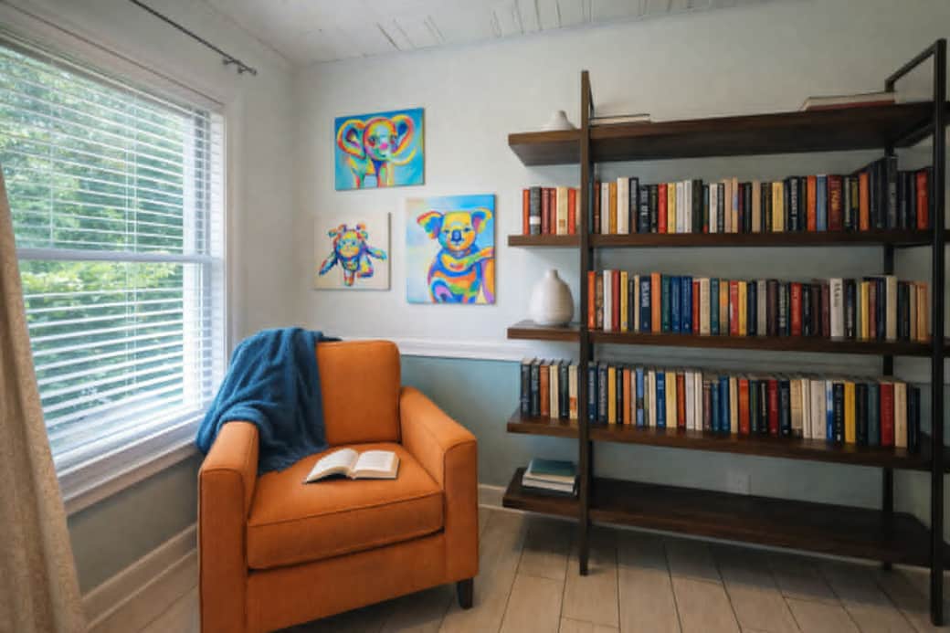 Cozy reading corner with comfy seating and a full bookshelf for peaceful, relaxing moments. Cozy reading corner with comfy seating and a full bookshelf for peaceful, relaxing moments.