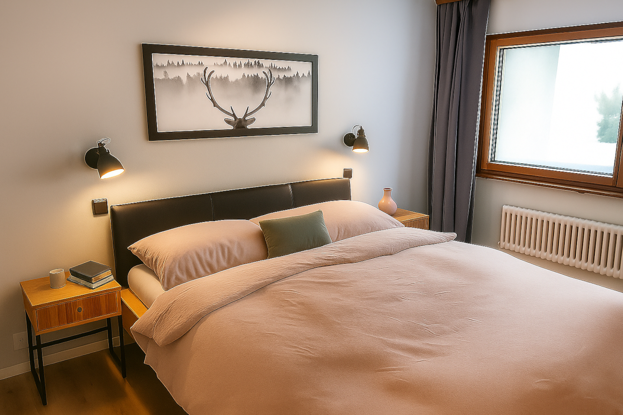 Gemütliches Schlafzimmer mit Doppelbett. (Kingsize / 180cm)